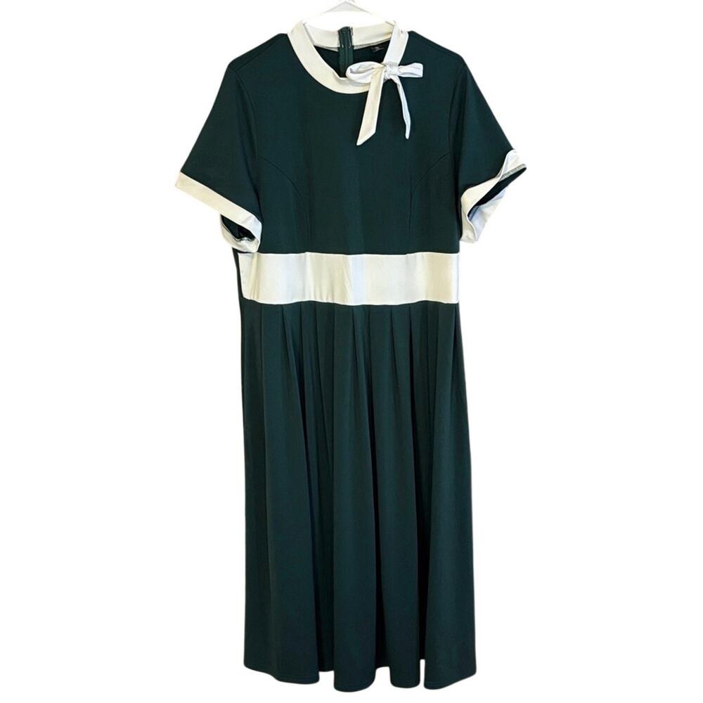 YX Curve 2XL Green White Colorblock Bow Neck Midi Dress Retro Mod Plus Size